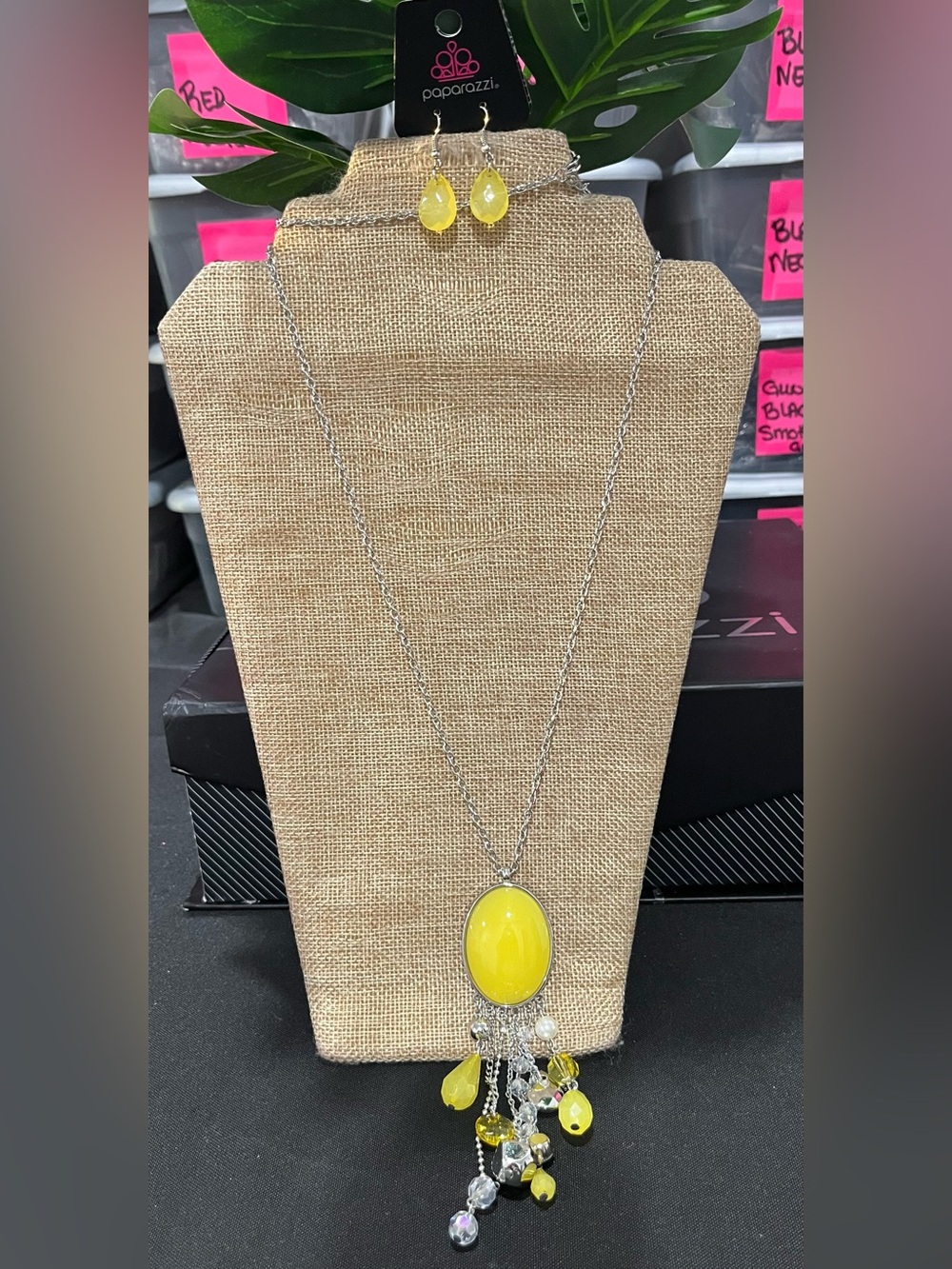 paparazzi Yellow Oval Pendant Necklace with Dangle Beads
